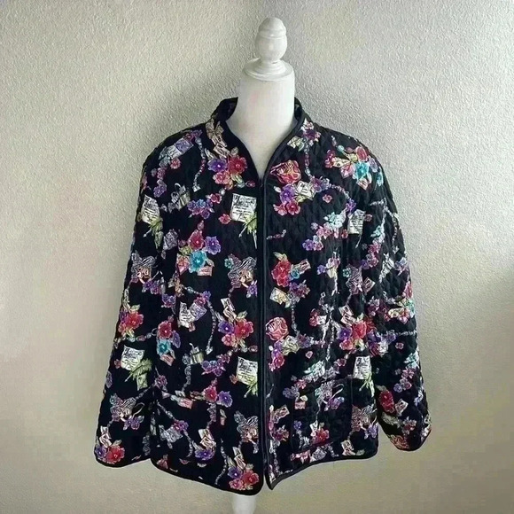 Vintage‎ Quilted Black Jacket Coat Women’s 2X Multicolor Pockets - Picture 1 of 10